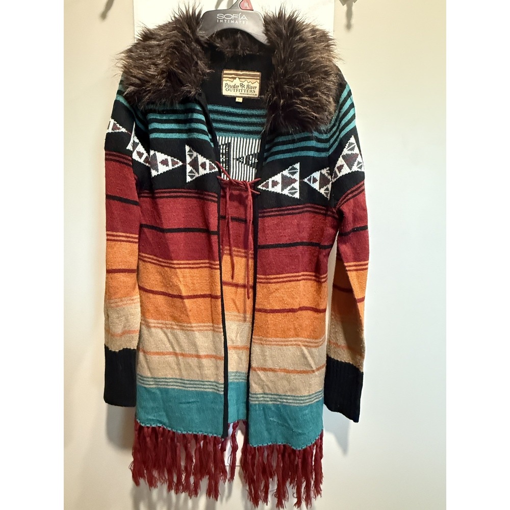 Powder River Outfitters Panhandle Aztec Cardigan Sweater Lg Western Fur Collar
